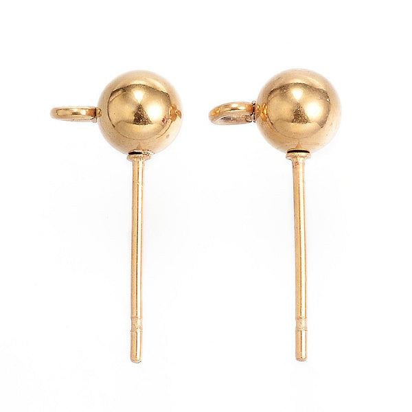 Geunine 24K Gold stainless steel ball stud earring post - 5mm - 10 x pieces (NO BACKS)