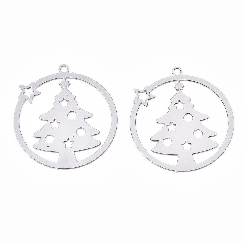 Christmas tree stainless steel circle charms x 6