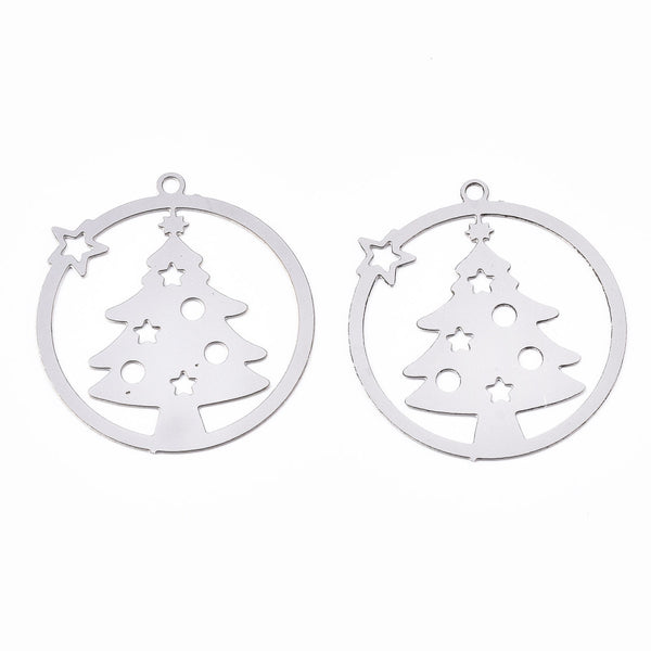 Christmas tree stainless steel circle charms x 6