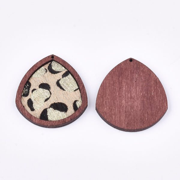 Wood & cowhide trianglular leopard charms x 2 pieces, 1 pair.