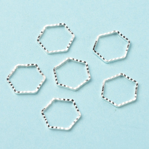BRIGHT sterling silver plated hexagon charms x 10 pieces