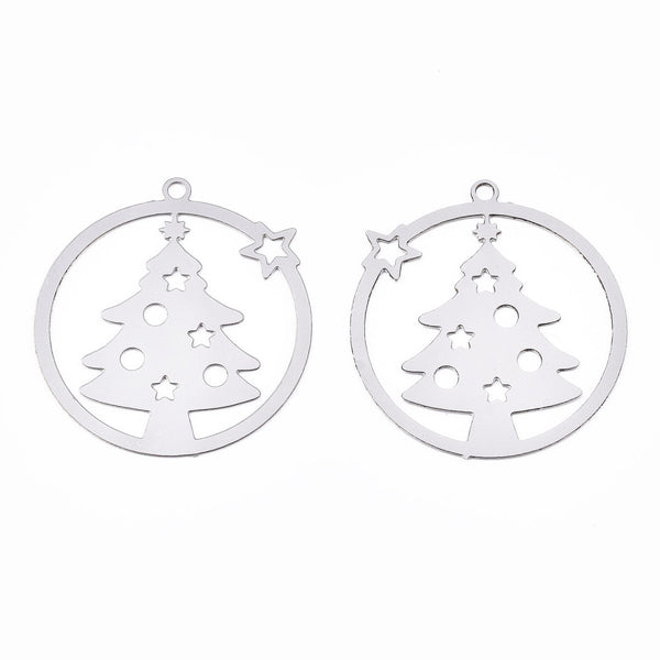 Christmas tree stainless steel circle charms x 6