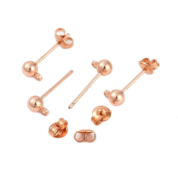 Rose gold plated nickel free 4mm ball stud tops x 10 tops & 10 backs (20 pieces)