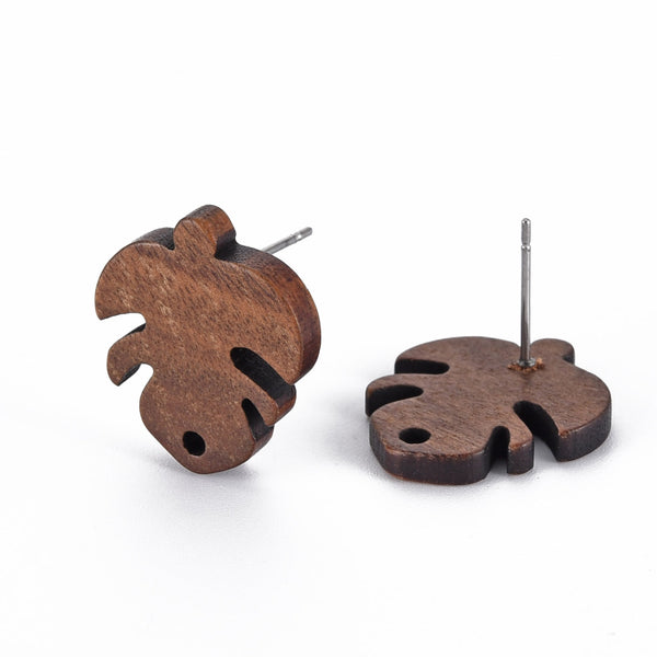 Monstera Walnut stud tops with stainless steel posts x 6 pieces