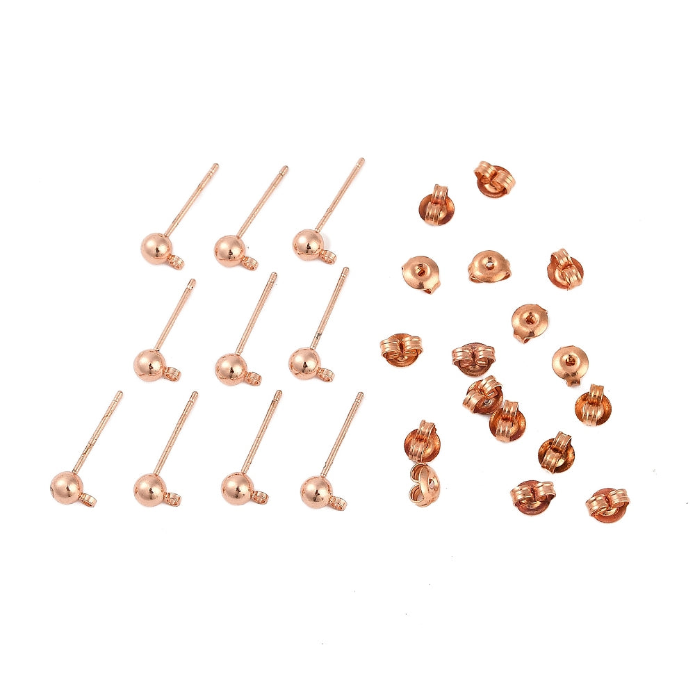 Rose gold plated nickel free 4mm ball stud tops x 10 tops & 10 backs (20 pieces)