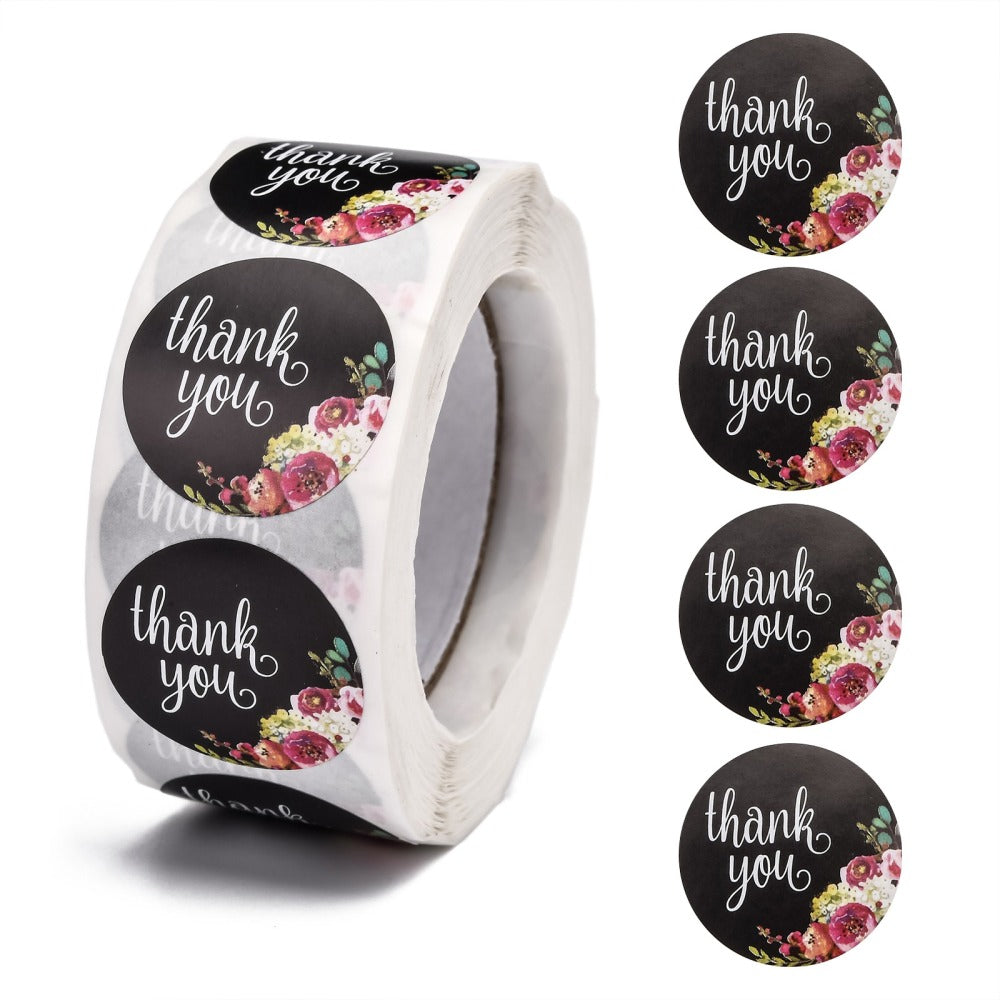 Thank you stickers - Black floral. Roll of 500