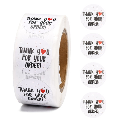 Thank you stickers - black & white with heart. Roll of 500