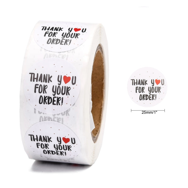 Thank you stickers - black & white with heart. Roll of 500