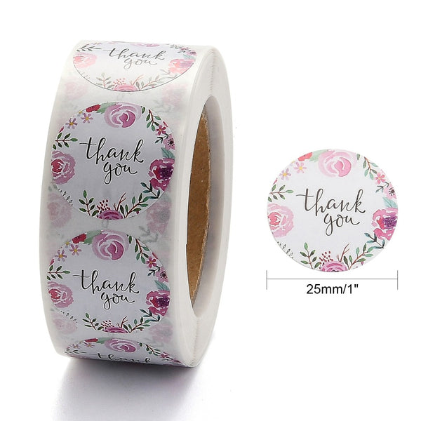Thank you stickers - pink & white floral. Roll of 500