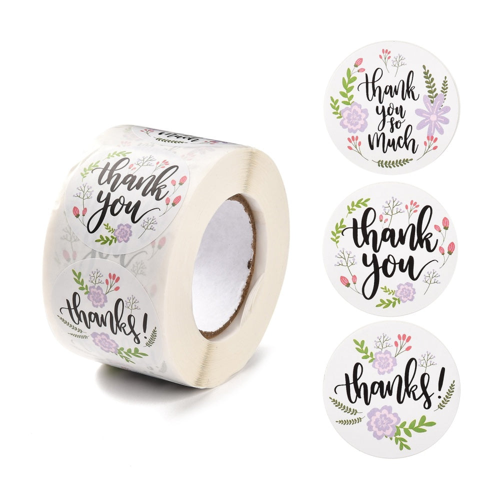 Thank you stickers - white floral. Roll of 500