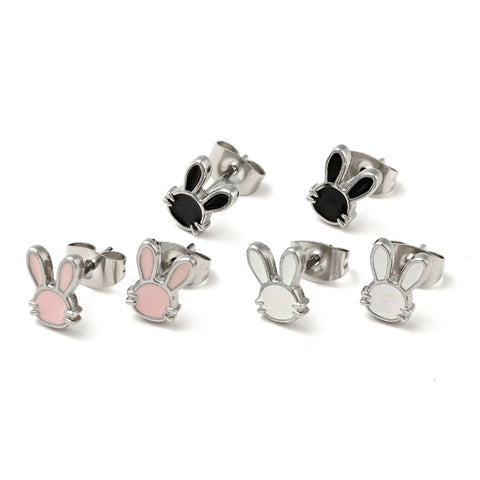 Silver stainless steel enamel bunny stud add ons - 1 pair