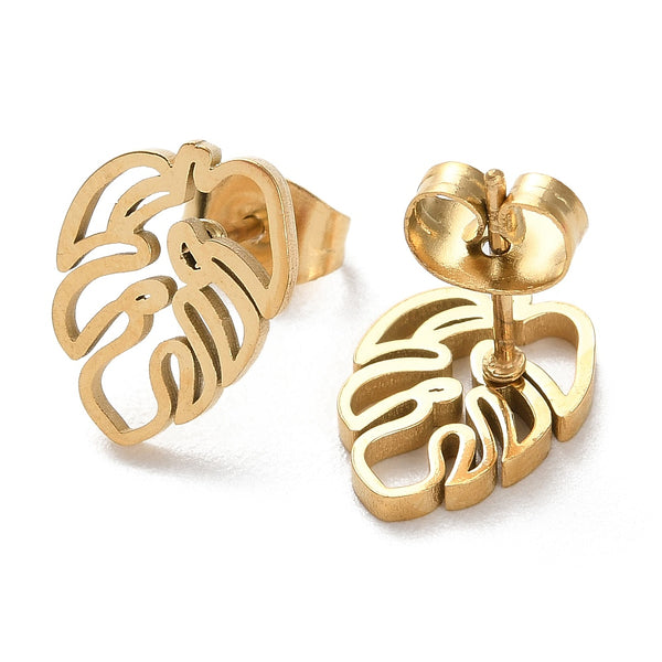 Gold plated monstera stainless steel stud add ons - 1 pair