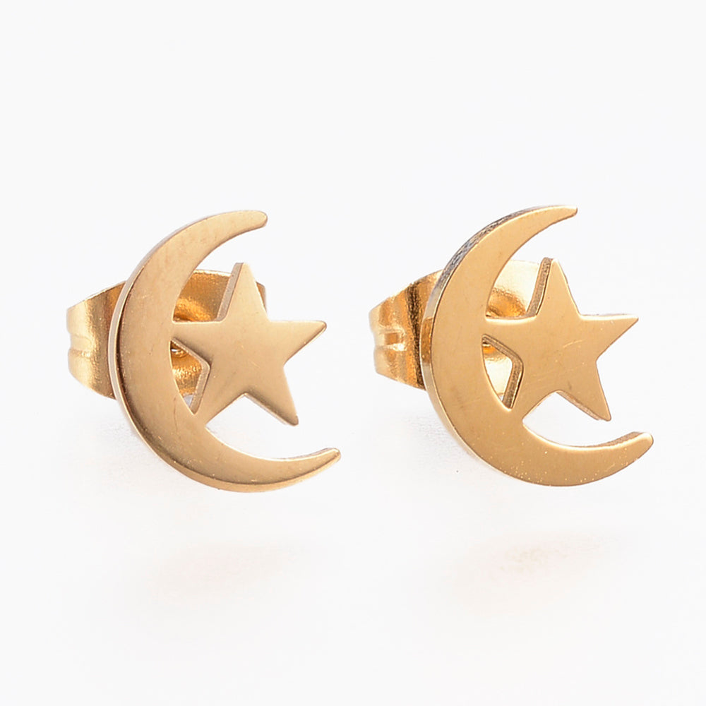 Gold plated geometric star & moon stainless steel studs - 1 pair