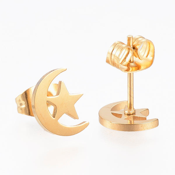 Gold plated geometric star & moon stainless steel studs - 1 pair