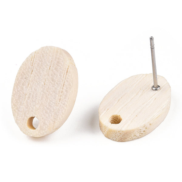 Ash wood stud oval 1.5cm tops with stainless steel posts x 6 pieces