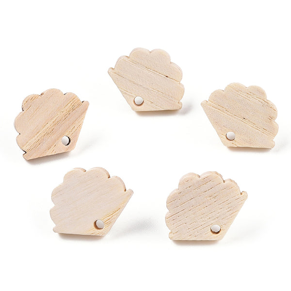Ash wood scallop shell stud tops with stainless steel posts x 6 pieces