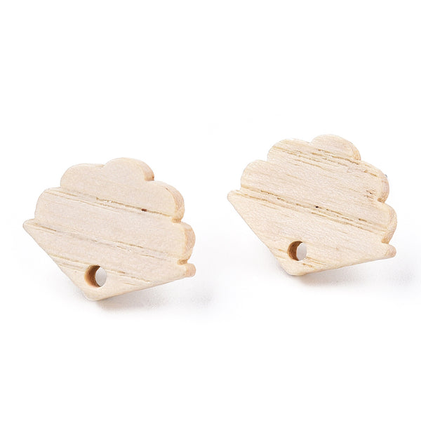 Ash wood scallop shell stud tops with stainless steel posts x 6 pieces