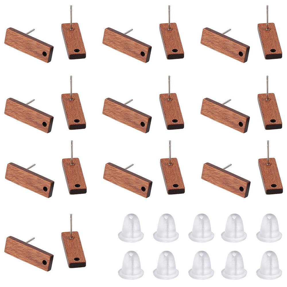 BULK PACK Walnut stud tops with stainless steel posts x 15 pairs with silicone backs