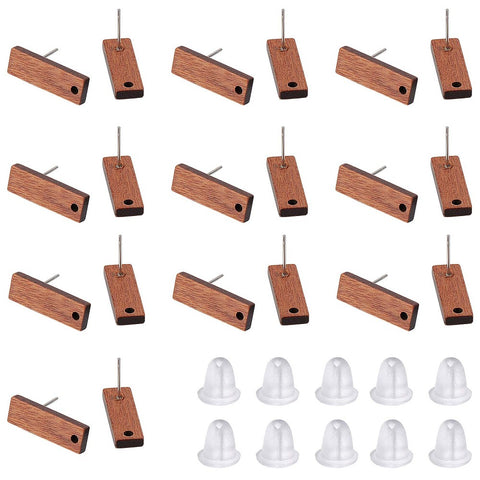 BULK PACK Walnut stud tops with stainless steel posts x 15 pairs with silicone backs