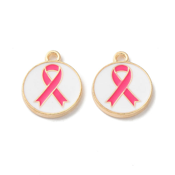 Gold plated enamel pink and white breast cancer charms - pack of 6