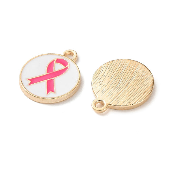 Gold plated enamel pink and white breast cancer charms - pack of 6