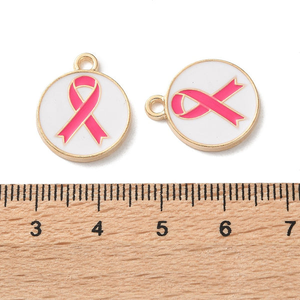 Gold plated enamel pink and white breast cancer charms - pack of 6
