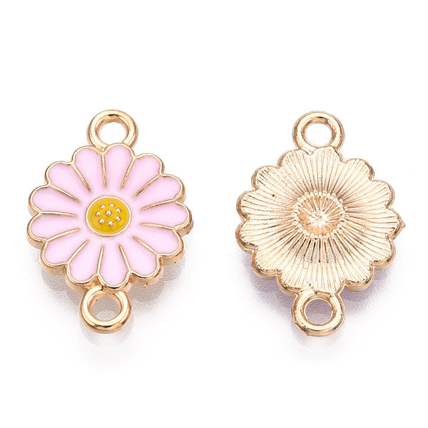 Gold plated enamel flower charm 2 hole connector x 6 pieces PINK