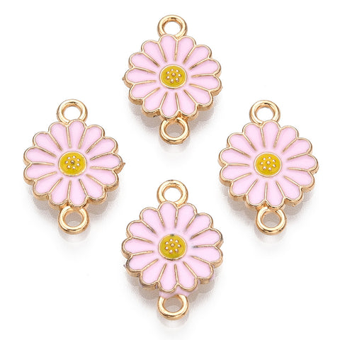 Gold plated enamel flower charm 2 hole connector x 6 pieces PINK