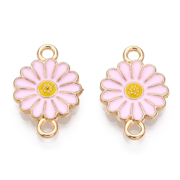 Gold plated enamel flower charm 2 hole connector x 6 pieces PINK