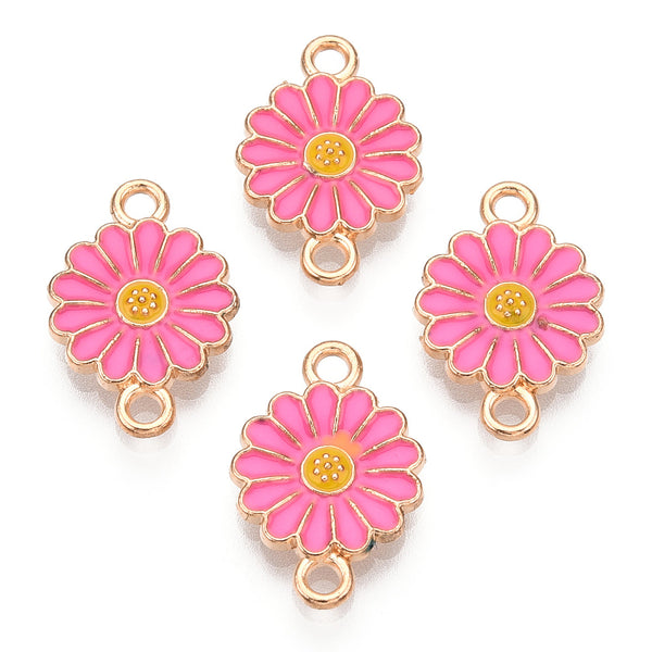 Gold plated enamel flower charm 2 hole connector x 6 pieces DARK PINK