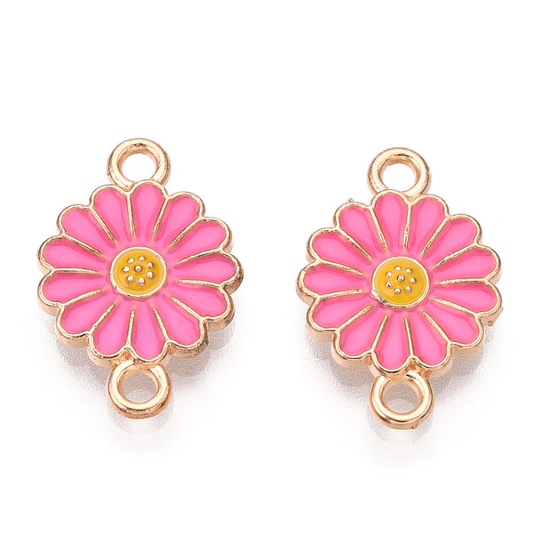 Gold plated enamel flower charm 2 hole connector x 6 pieces DARK PINK