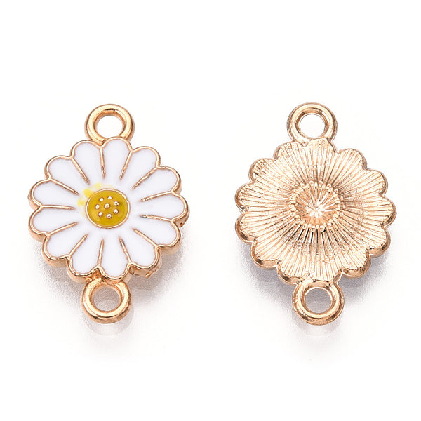 Gold plated enamel flower charm 2 hole connector x 6 pieces WHITE