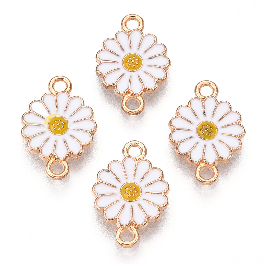 Gold plated enamel flower charm 2 hole connector x 6 pieces WHITE