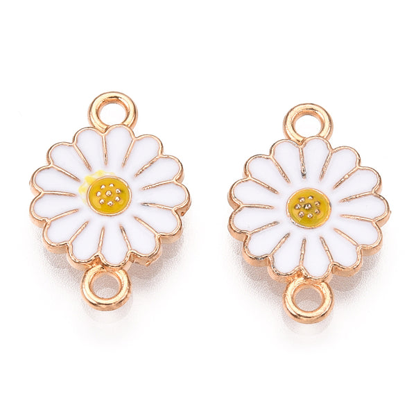 Gold plated enamel flower charm 2 hole connector x 6 pieces WHITE