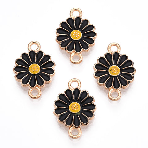 Gold plated enamel flower charm 2 hole connector x 6 pieces BLACK