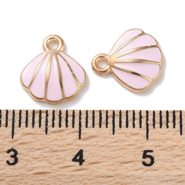PINK Gold plated small shell enamel charms x 8 pieces