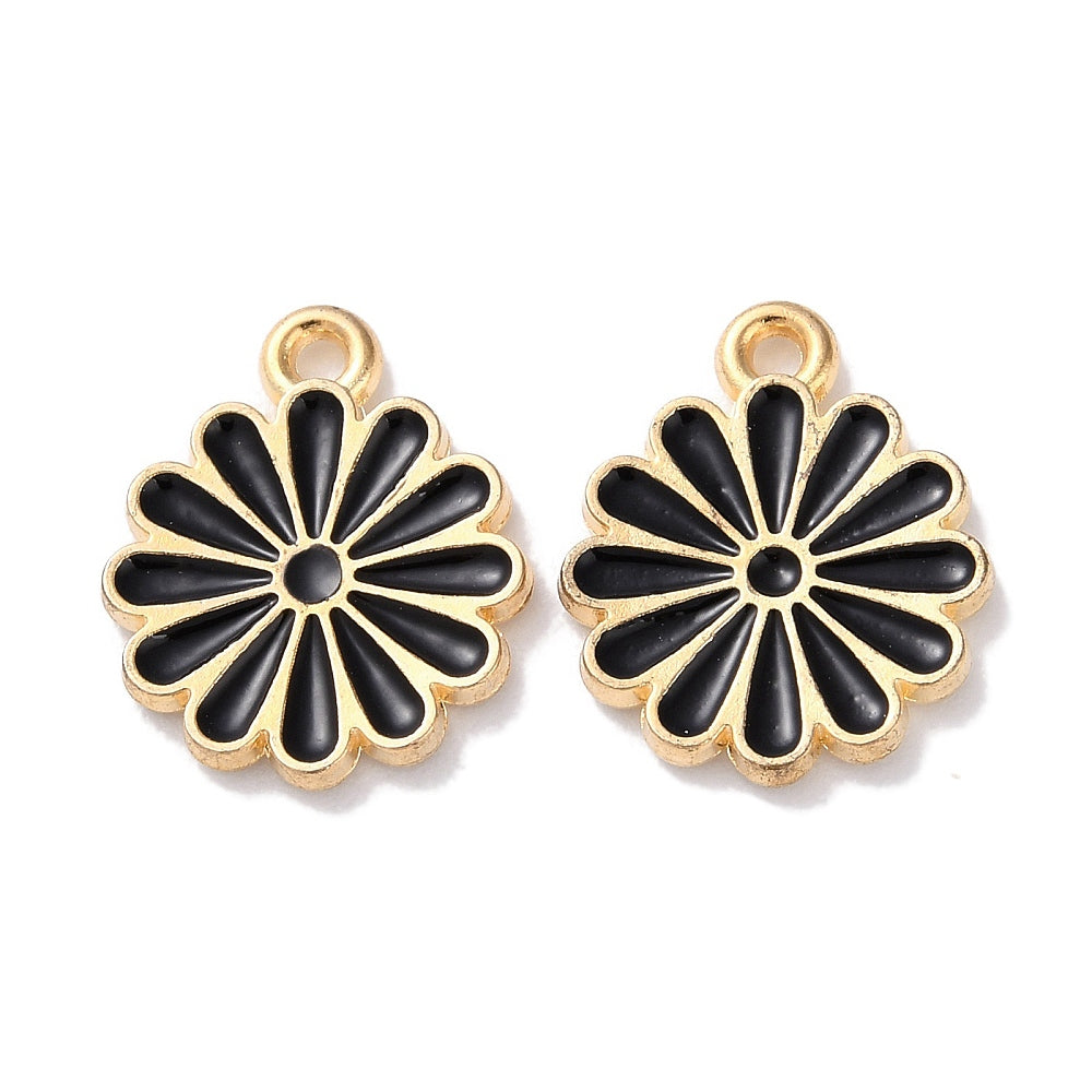 Black enamel flower charms  x 6 pieces