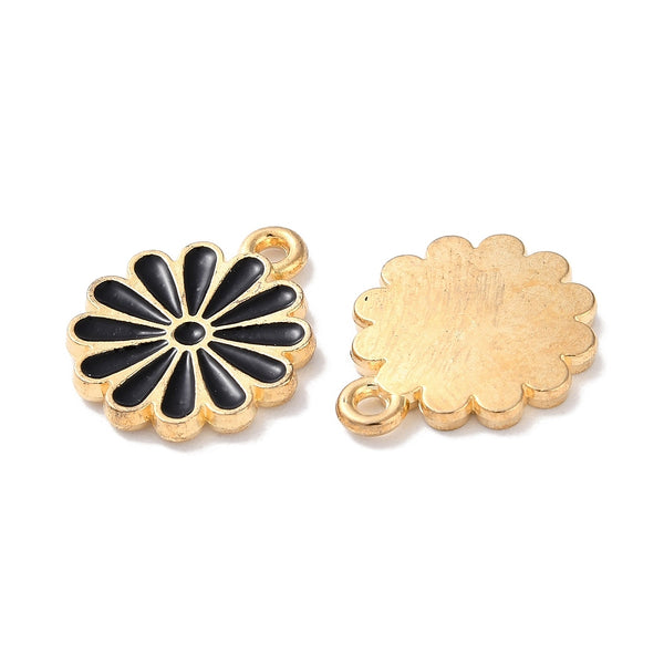 Black enamel flower charms  x 6 pieces