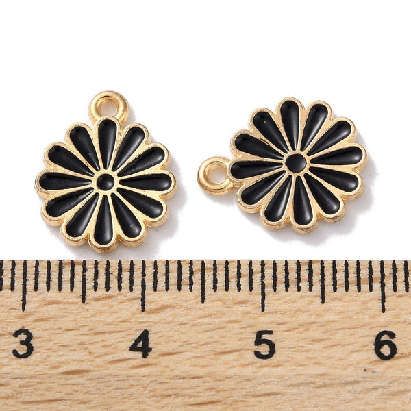 Black enamel flower charms  x 6 pieces