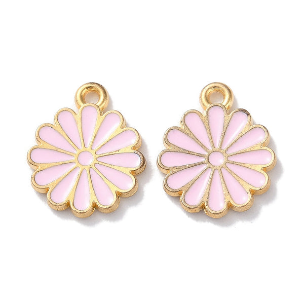 Pink enamel flower charms  x 6 pieces