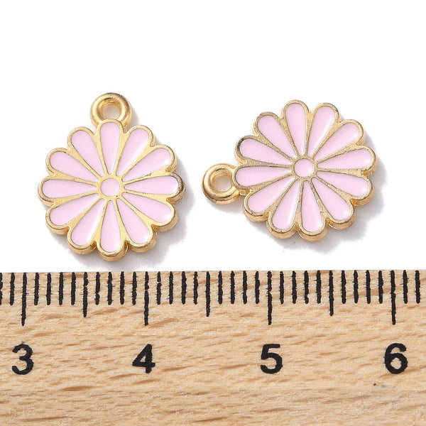 Pink enamel flower charms  x 6 pieces