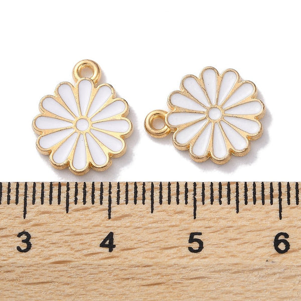White enamel flower charms  x 6 pieces
