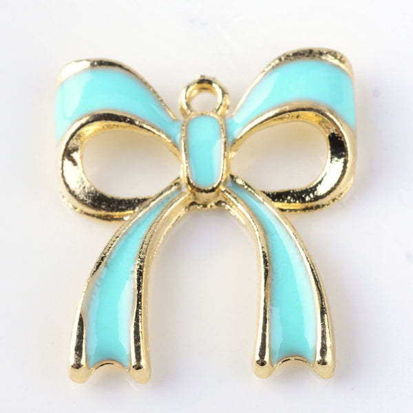 Gold plated mint blue enamel bow charms x 6 pieces