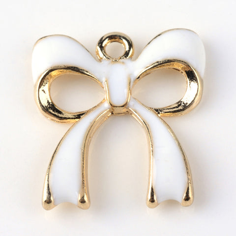 Gold plated with white enamel bow charms x 6 pieces