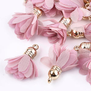 Chiffon Dusty rose pink two tone & gold fabric charms  x 6 pieces