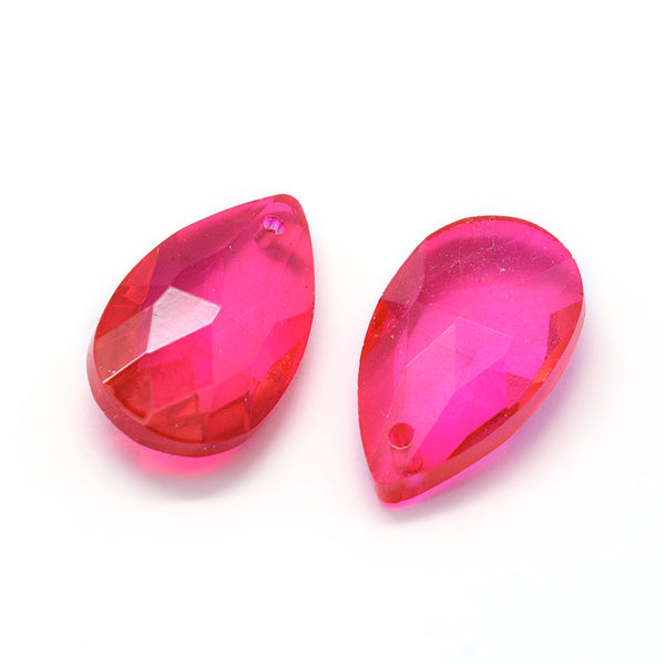 Faceted glass drop beads x 10 pieces  - HOT PINK 2.2cm