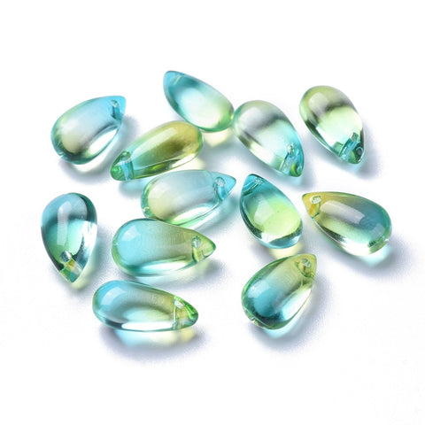 Glass drop beads - GREEN YELLOW X 10 PIECES