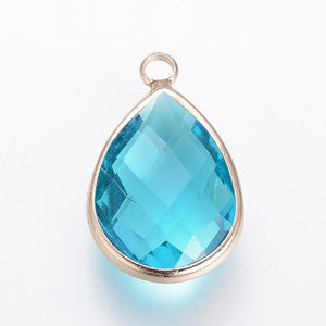 Glass drop gold border charm x 6 pieces - Sky Blue