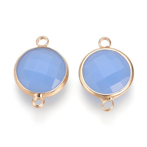 Glass round gold border charm blue2 holes x 6 pieces