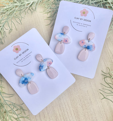 NEW Muted Blue & pink floral organic shape dangles